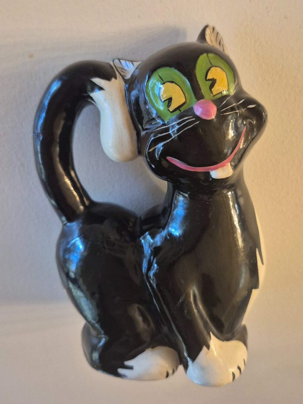 Goofy Buck Tooth Black Tuxedo Cat Figurine Cartoonish Kitsch